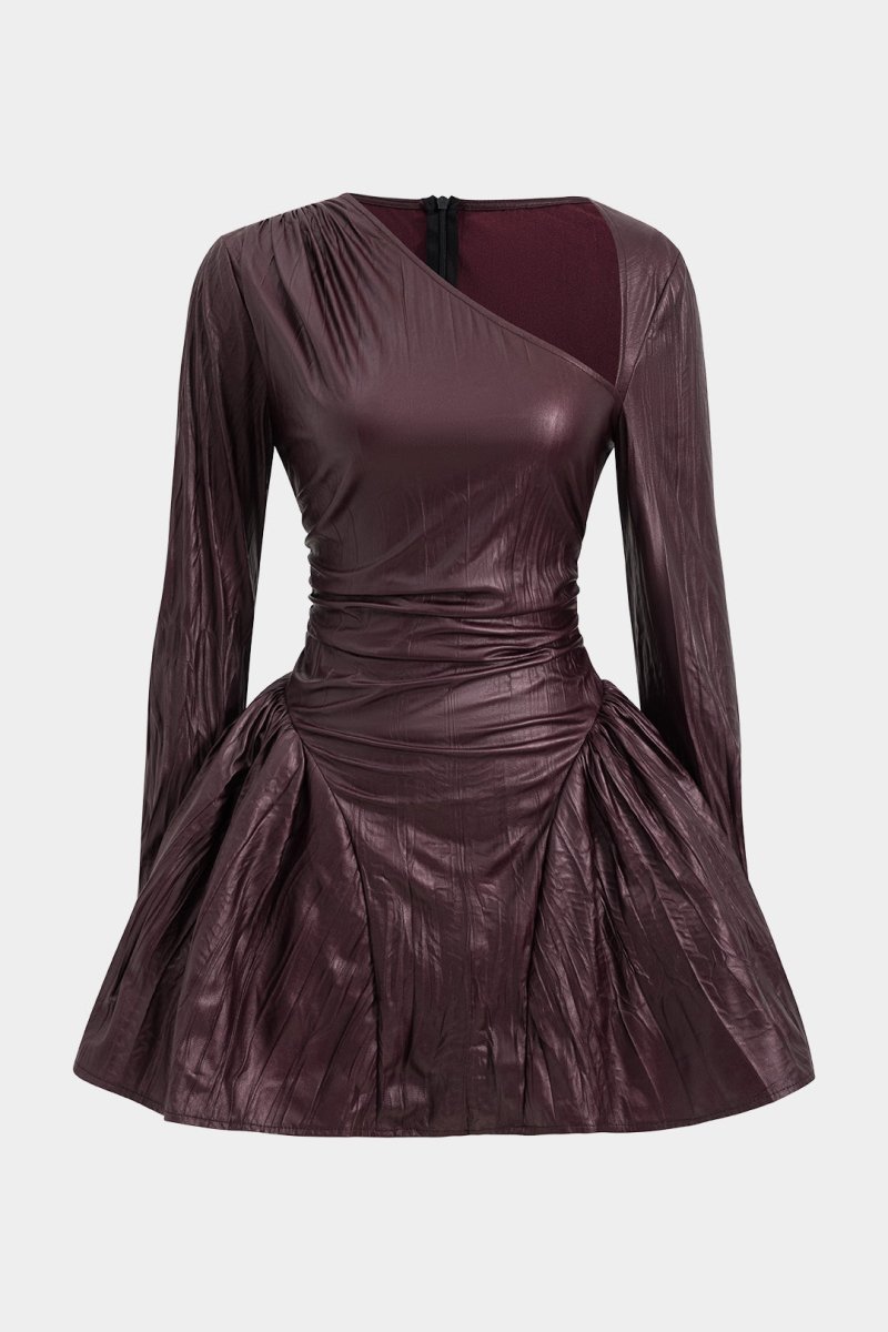 Ruched Asymmetrical Long Sleeve Mini Dress - MISMIMCWDC2410220077-BURGUNDY-XS