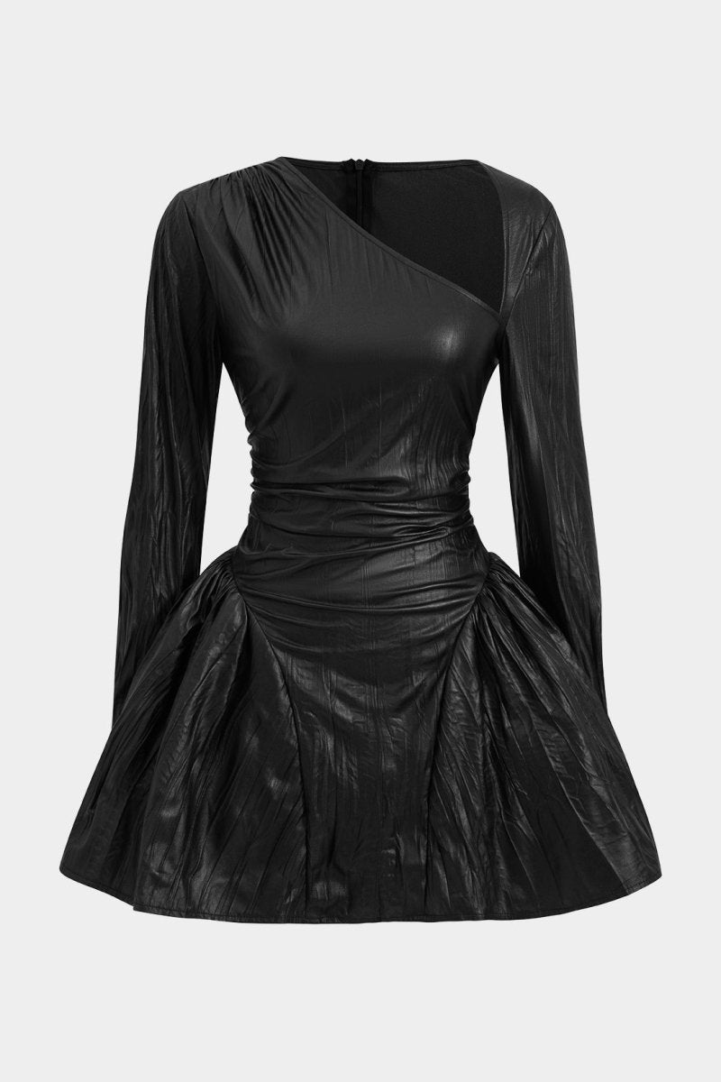Ruched Asymmetrical Long Sleeve Mini Dress - MISMIMCWDC2410220077-BLACK-XS