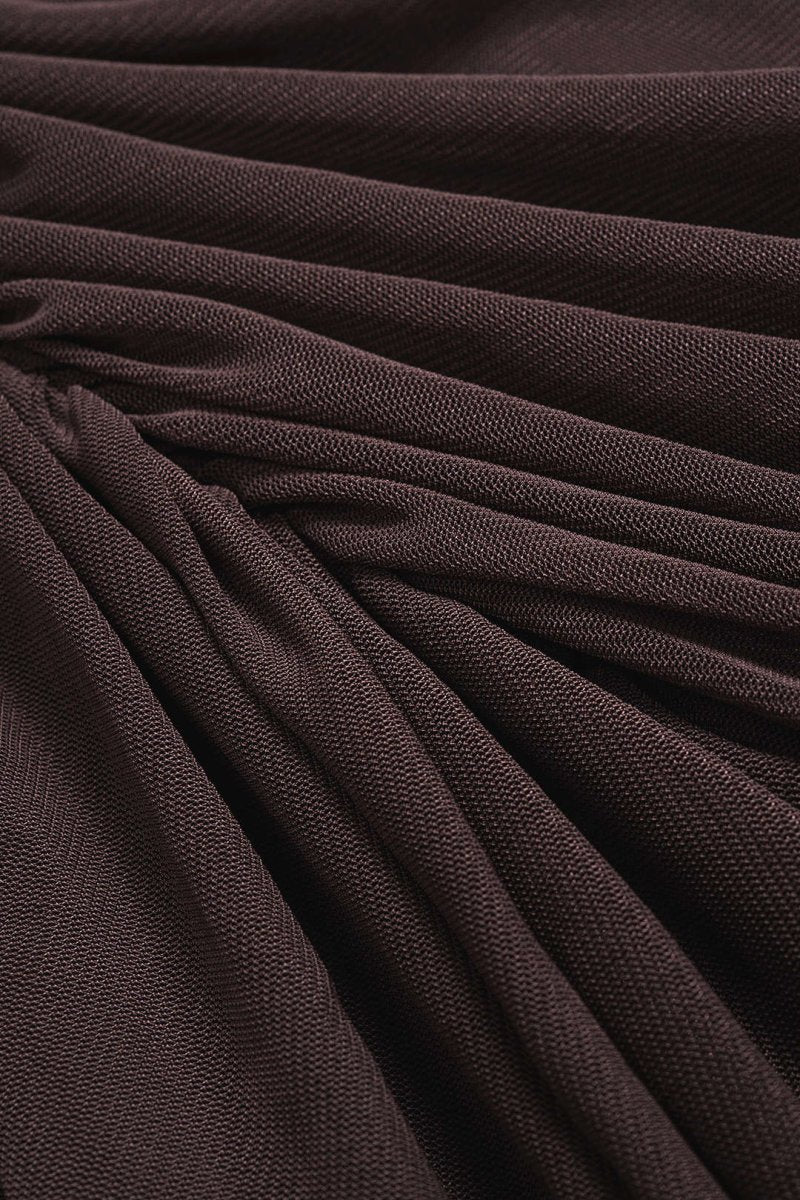 Ruched Asymmetrical Short Sleeve Mini Dress - MISMIMCWDC2509080019-COFFEE-XS