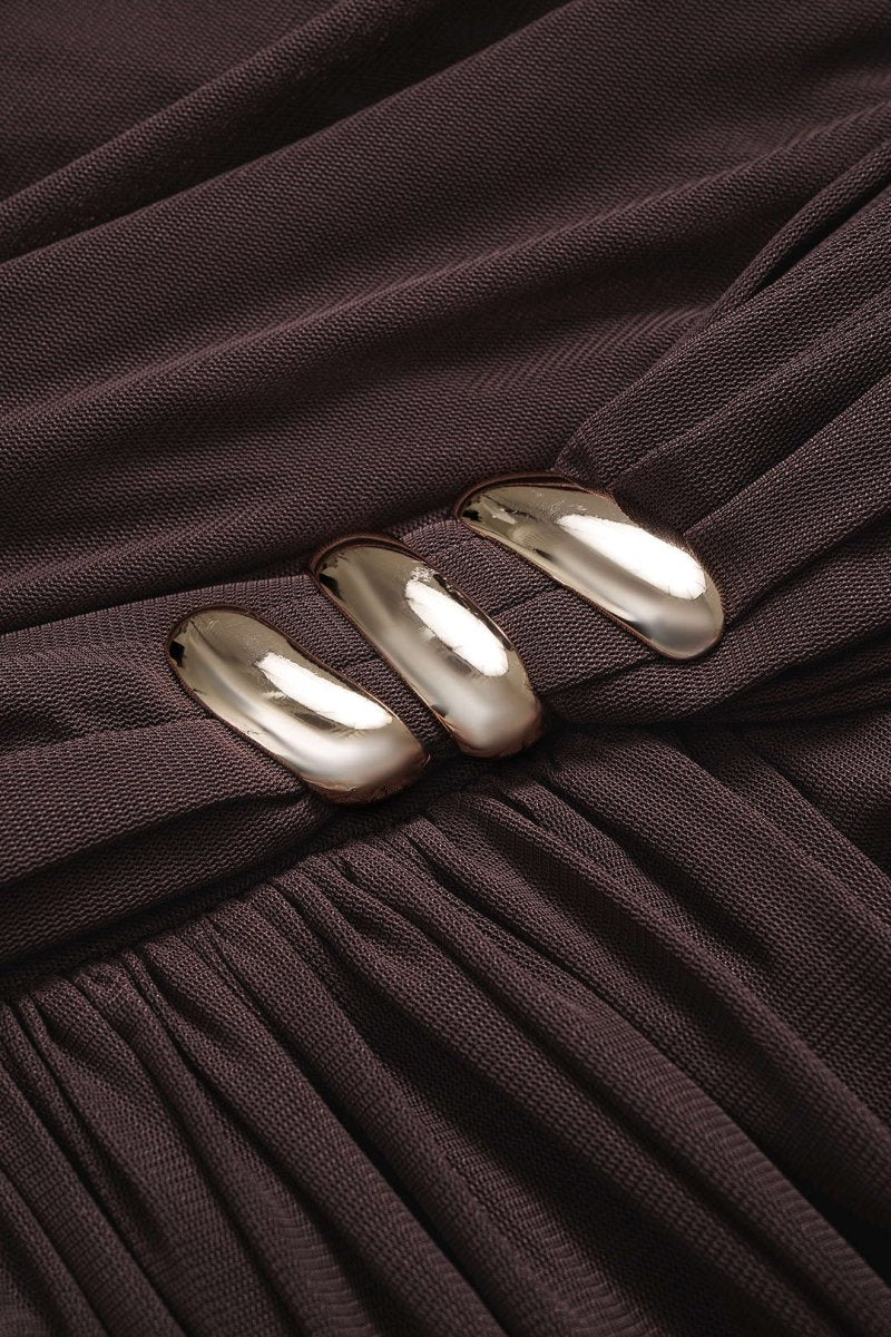 Ruched Asymmetrical Short Sleeve Mini Dress - MISMIMCWDC2509080019-COFFEE-XS