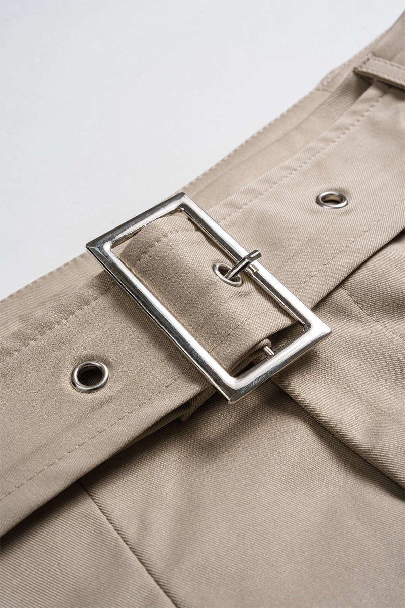 Ruched Asymmetrical Top And Belted Wide Leg Trousers Set - MISMIMCWSC2506060082-KHAKI-XS