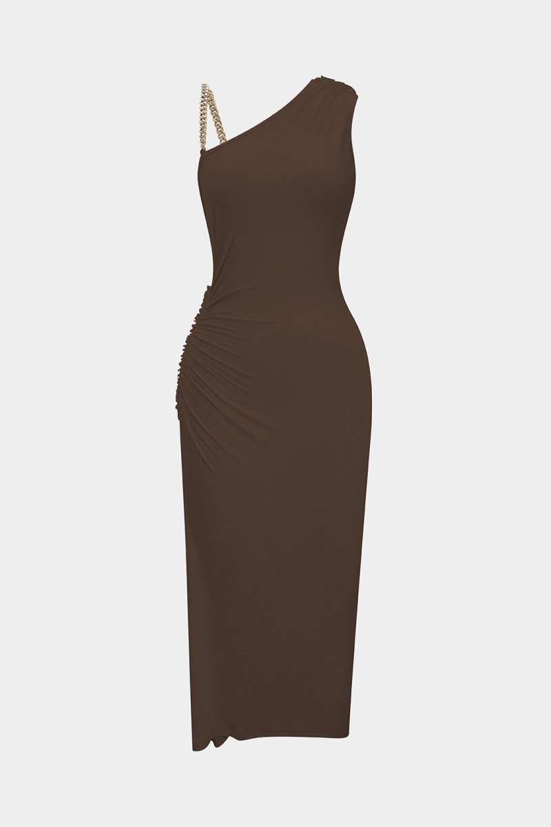 Ruched Asymmetrical Twist Knot Slit Sleeveless Maxi Dress - MISMIMCWDA2508140012-COFFEE-XS
