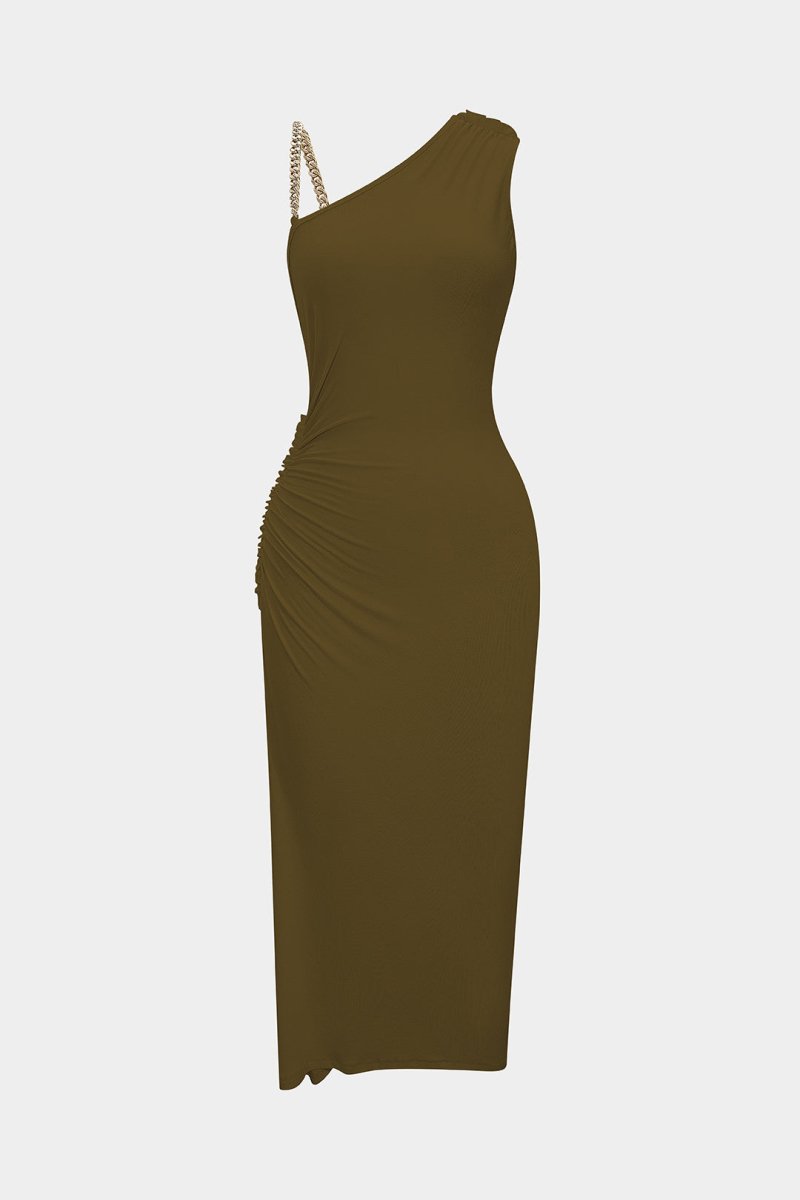 Ruched Asymmetrical Twist Knot Slit Sleeveless Maxi Dress - MISMIMCWDA2508140012-BROWNISH GREEN-XS