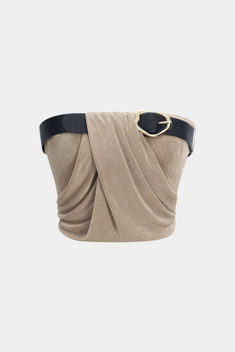 Ruched Belted Tube Top - MISMIMCWKM2506100056-KHAKI-XS