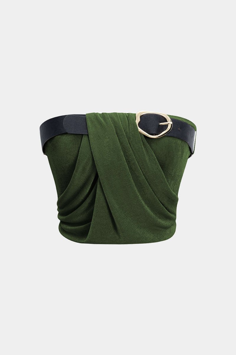 Ruched Belted Tube Top - MISMIMCWKM2506100056-GREEN-XS