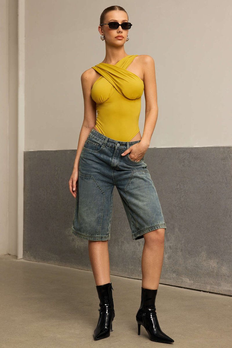 Ruched Crossed Backless Bustier Bodysuit - MISMIMCWTO2501130085-MUSTARD-XS