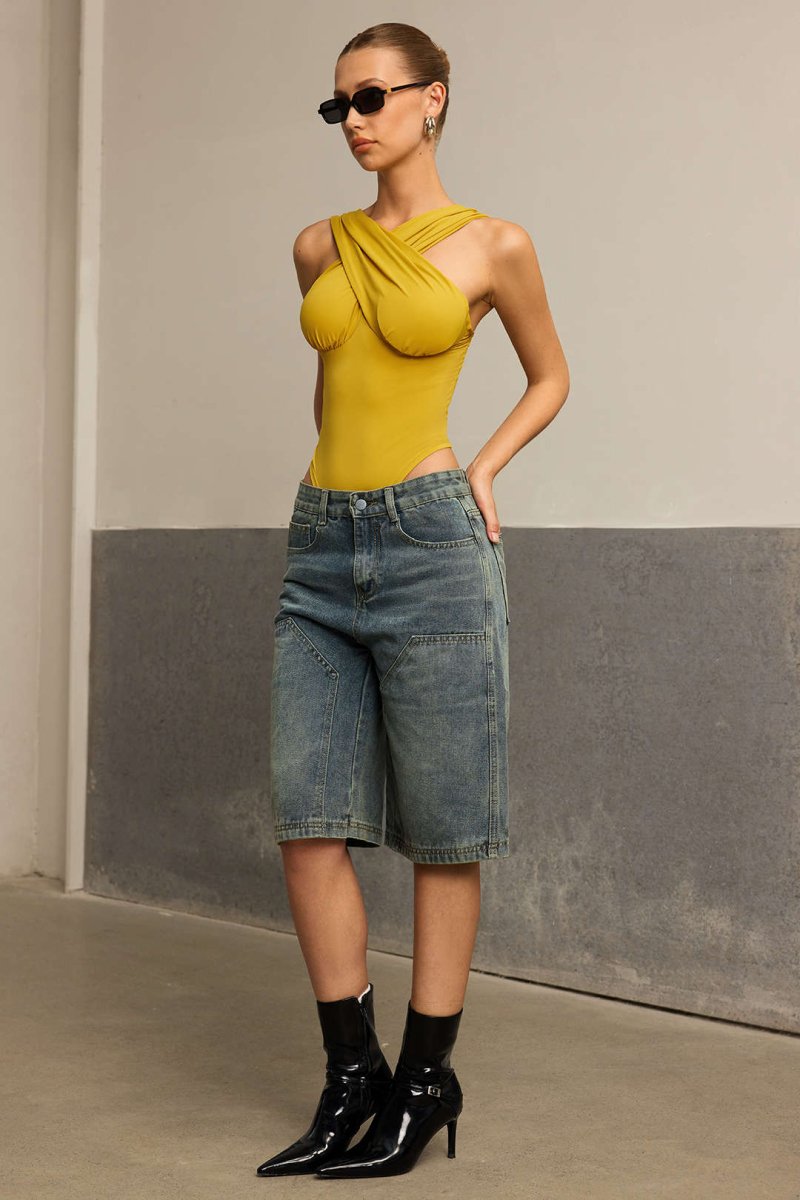 Ruched Crossed Backless Bustier Bodysuit - MISMIMCWTO2501130085-MUSTARD-XS