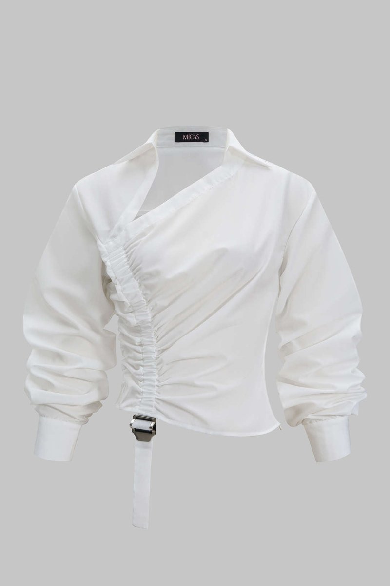 Ruched Drawstring Long - Sleeve Shirt - MISMIMCWTE2509030037-WHITE-XS