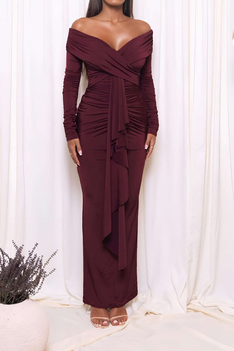 Ruched Off Shoulder Drape Detail Maxi Dress - MISMIMCWDA2410160049-BURGUNDY-S