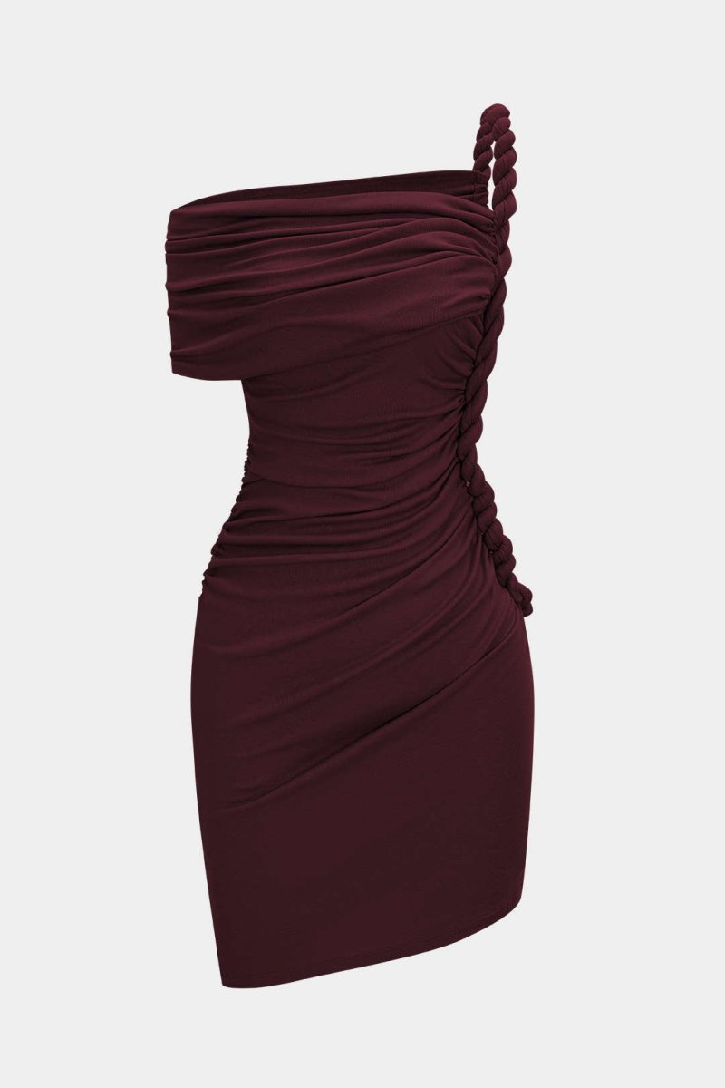 Ruched Twist Knot One Shoulder Short Sleeve Mini Dress - MISMIMCWDC2507100070-BURGUNDY-XS