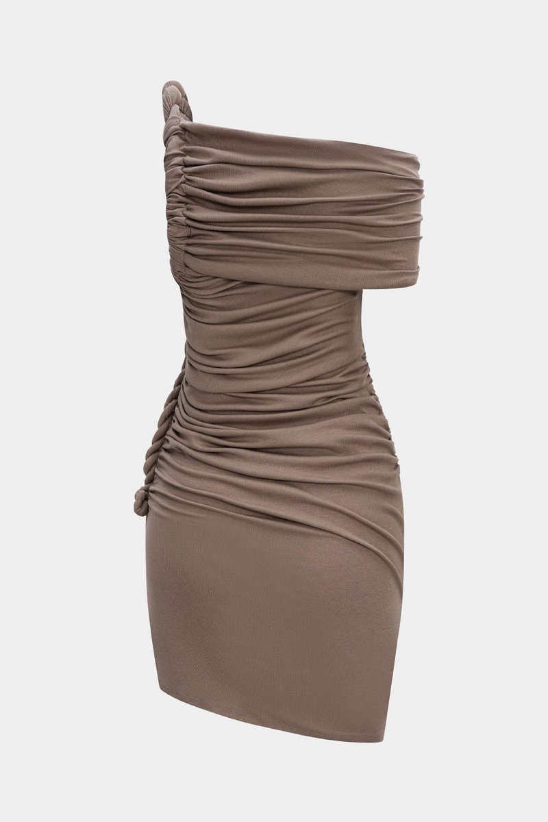 Ruched Twist Knot One Shoulder Short Sleeve Mini Dress - MISMIMCWDC2507100070-LIGHT BROWN-XS