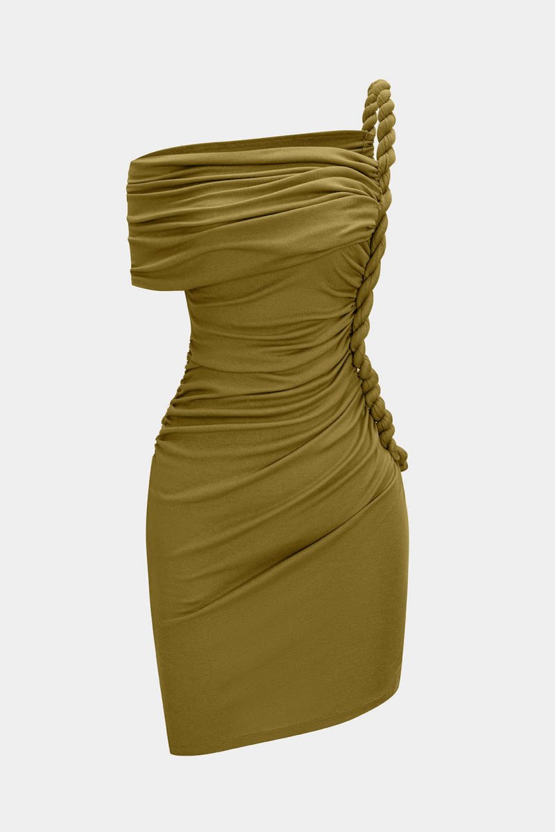 Ruched Twist Knot One Shoulder Short Sleeve Mini Dress - MISMIMCWDC2507100070-MUSTARD-XS