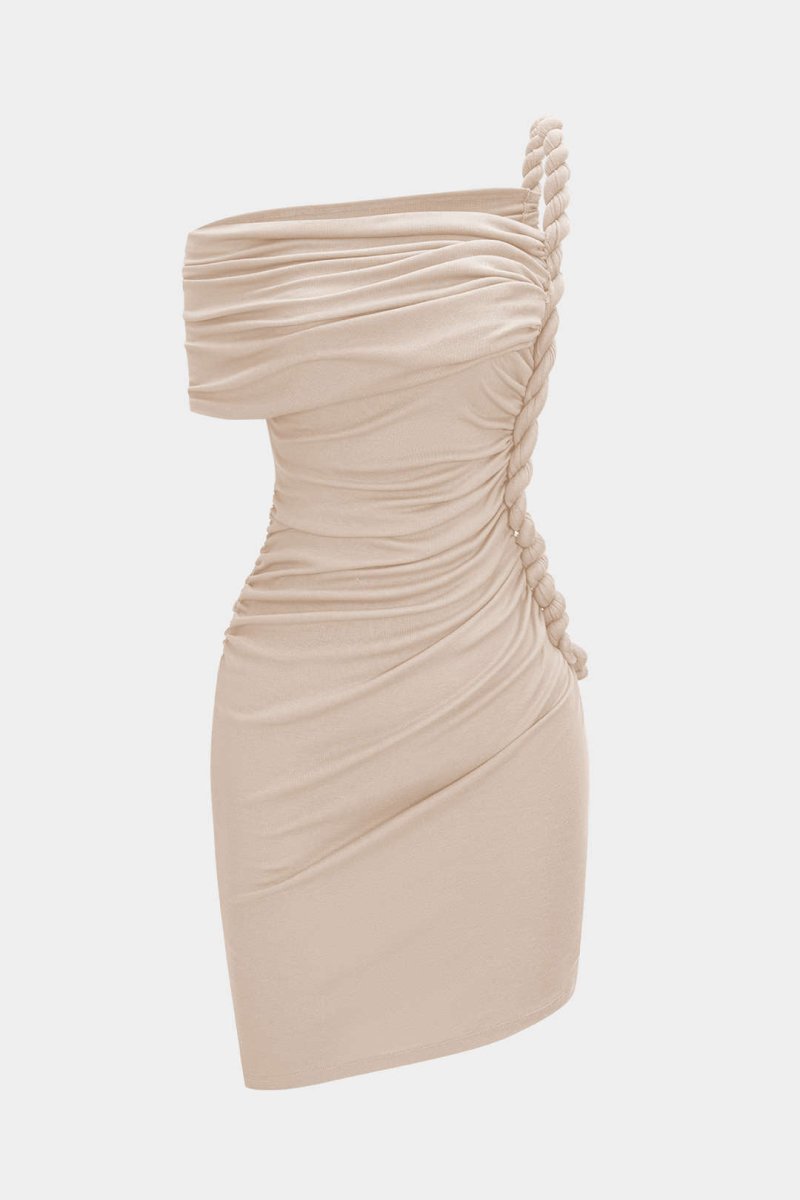 Ruched Twist Knot One Shoulder Short Sleeve Mini Dress - MISMIMCWDC2507100070-BEIGE-XS