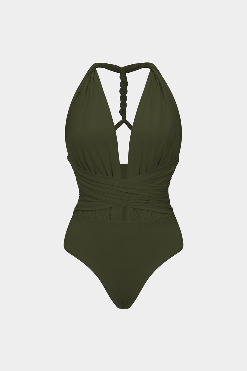 Ruched V - Neck Twist Knot Crossed Sleeveless Bodysuit - MISMIMCWTO2507250049-OLIVE-XS