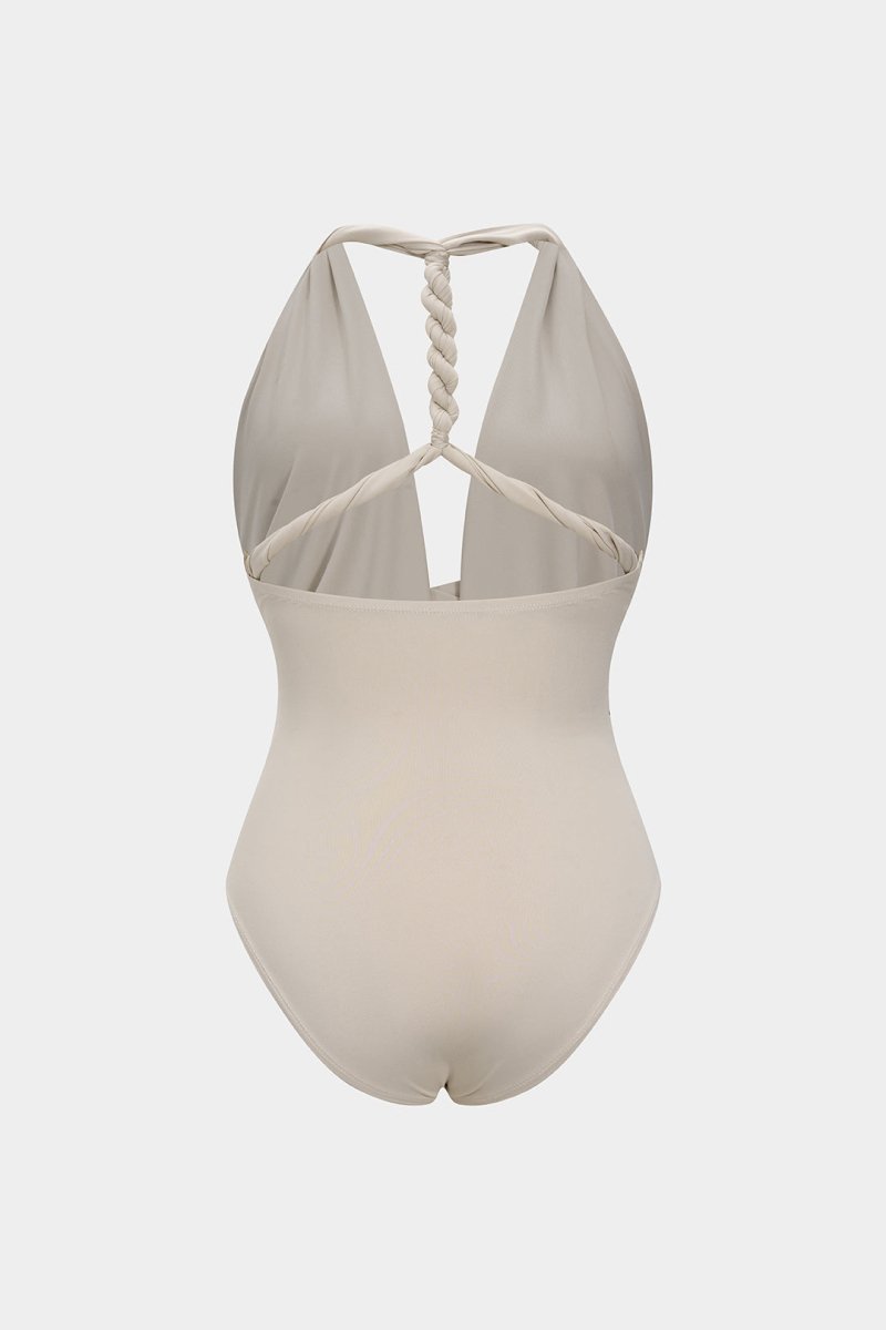 Ruched V - Neck Twist Knot Crossed Sleeveless Bodysuit - MISMIMCWTO2507250049-KHAKI-XS