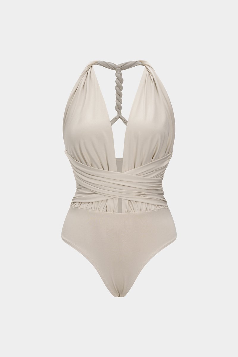 Ruched V - Neck Twist Knot Crossed Sleeveless Bodysuit - MISMIMCWTO2507250049-KHAKI-XS