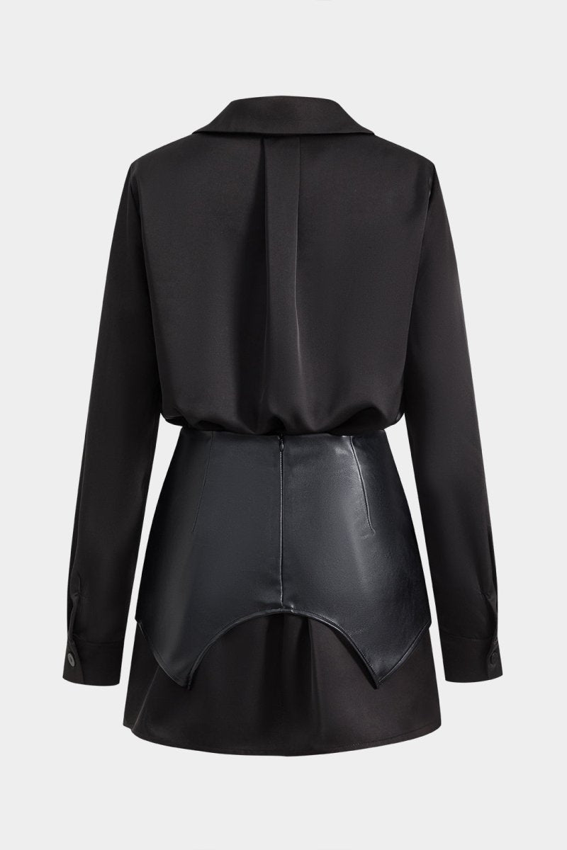 Satin Faux Leather Pocket Button Zipper Long Sleeve Mini Dress - MISMIMCWDC2412090055-BLACK-XS