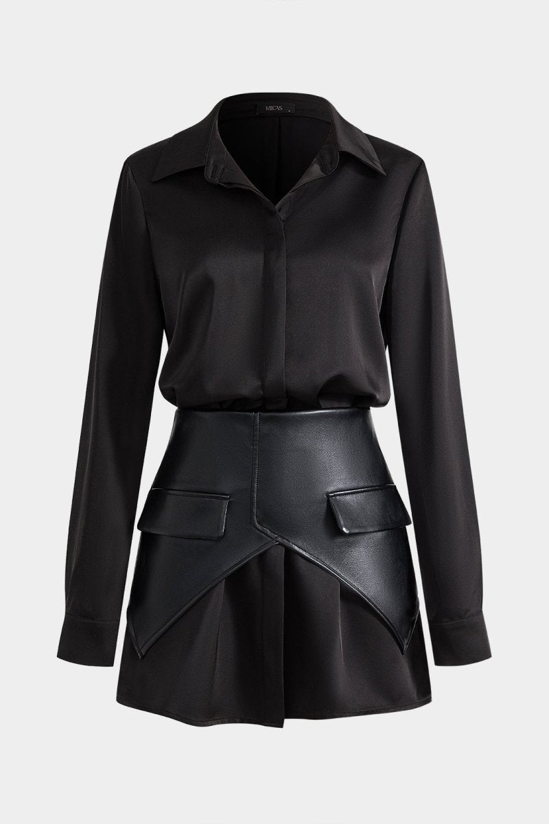 Satin Faux Leather Pocket Button Zipper Long Sleeve Mini Dress - MISMIMCWDC2412090055-BLACK-XS