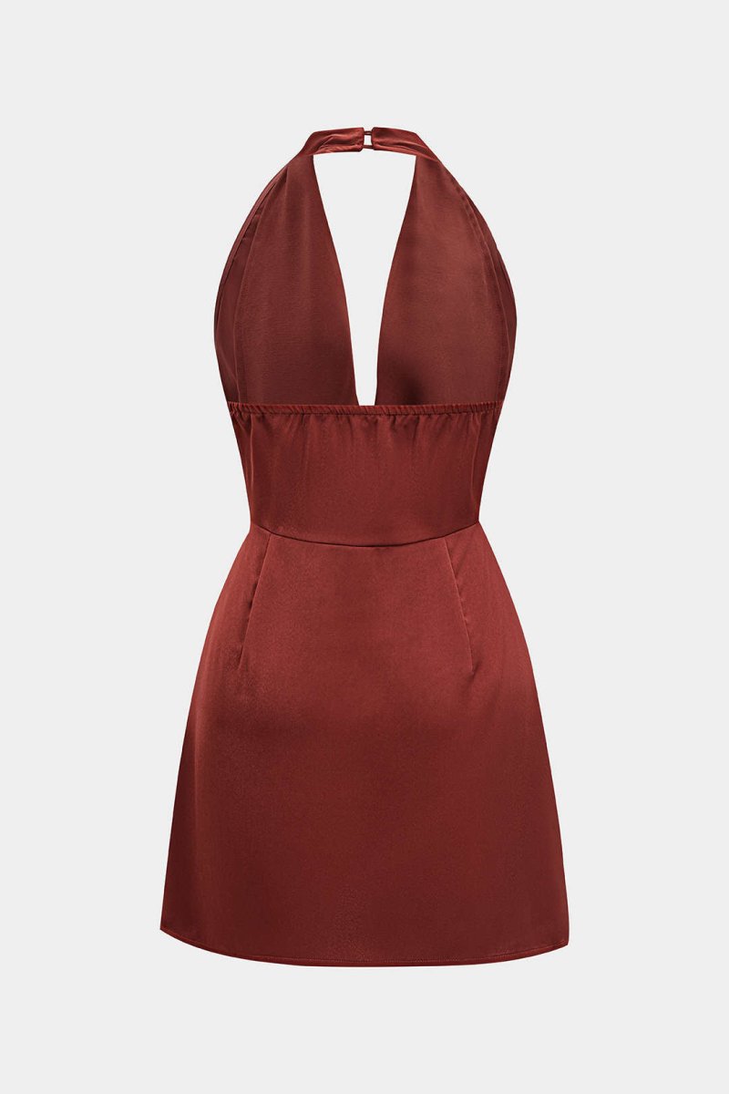 Satin Halter Neck Ruched Backeless Sleeveless Mini Dress - MISMIMCWDC2506250012-BRICK-XS