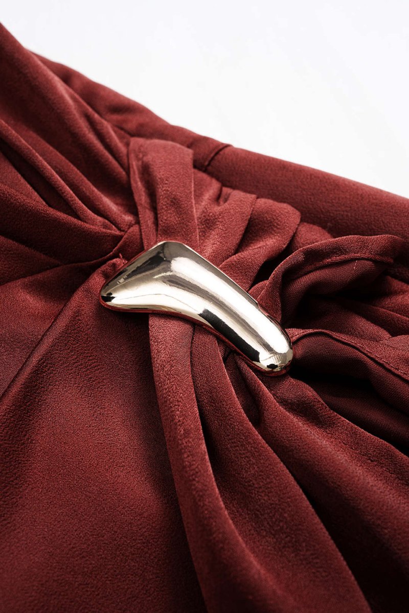 Satin Halter Neck Ruched Backeless Sleeveless Mini Dress - MISMIMCWDC2506250012-BRICK-XS