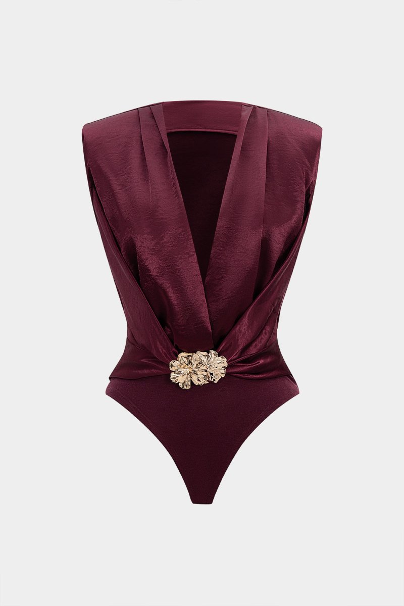 Satin Patchwork Metallic Decor V - Neck Sleeveless Bodysuit - MISMIMCWTO2507250001-BURGUNDY-XS