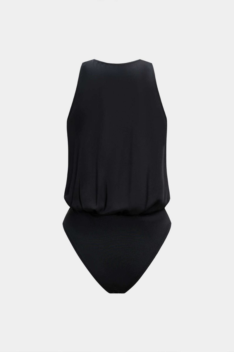 Satin Ruched Crossed Sleeveless Bodysuit - MISMIMCWUL2507220038-BROWNISH GREEN-XS