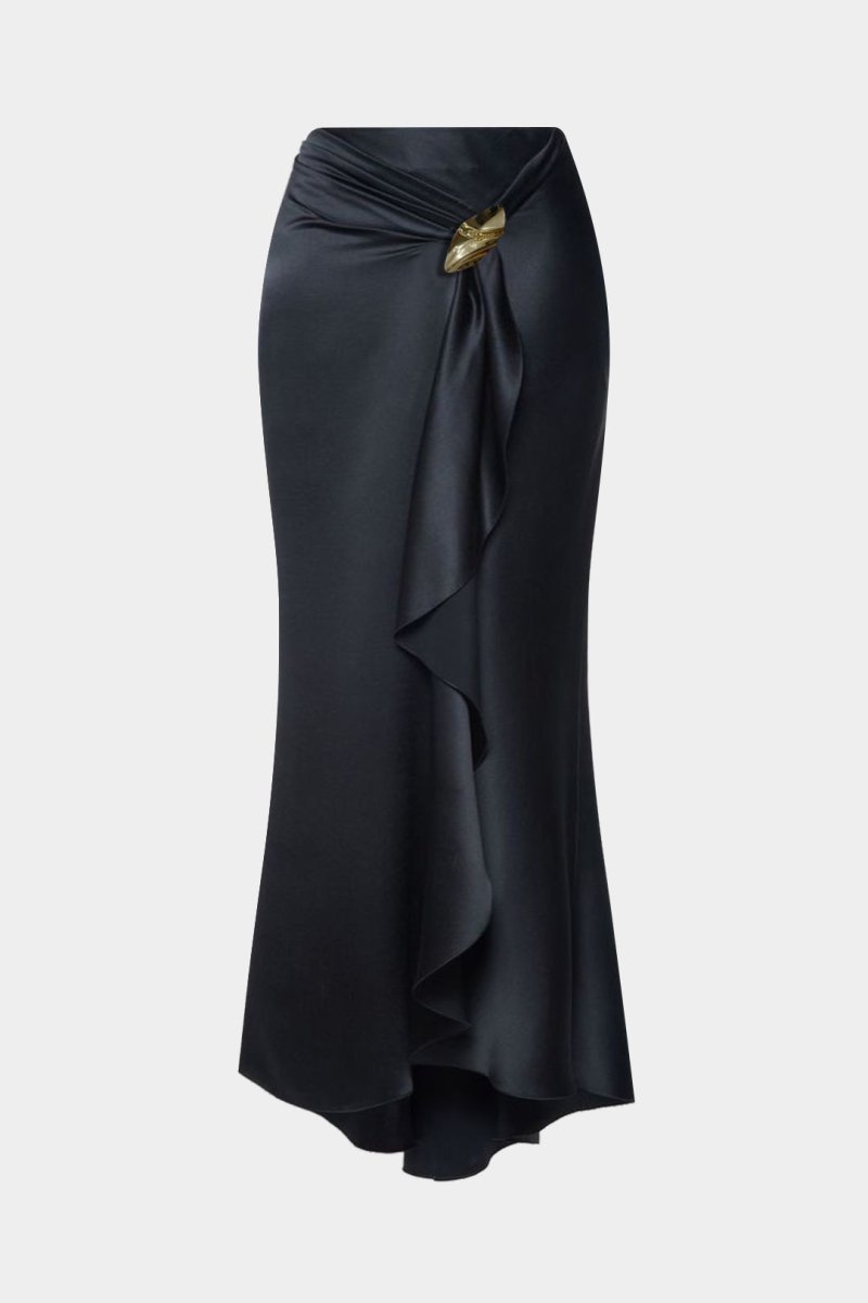 Satin Ruffle Ruched Asymmetrical Skirt - MISMIMCWBK2507220057-MAROON-XS