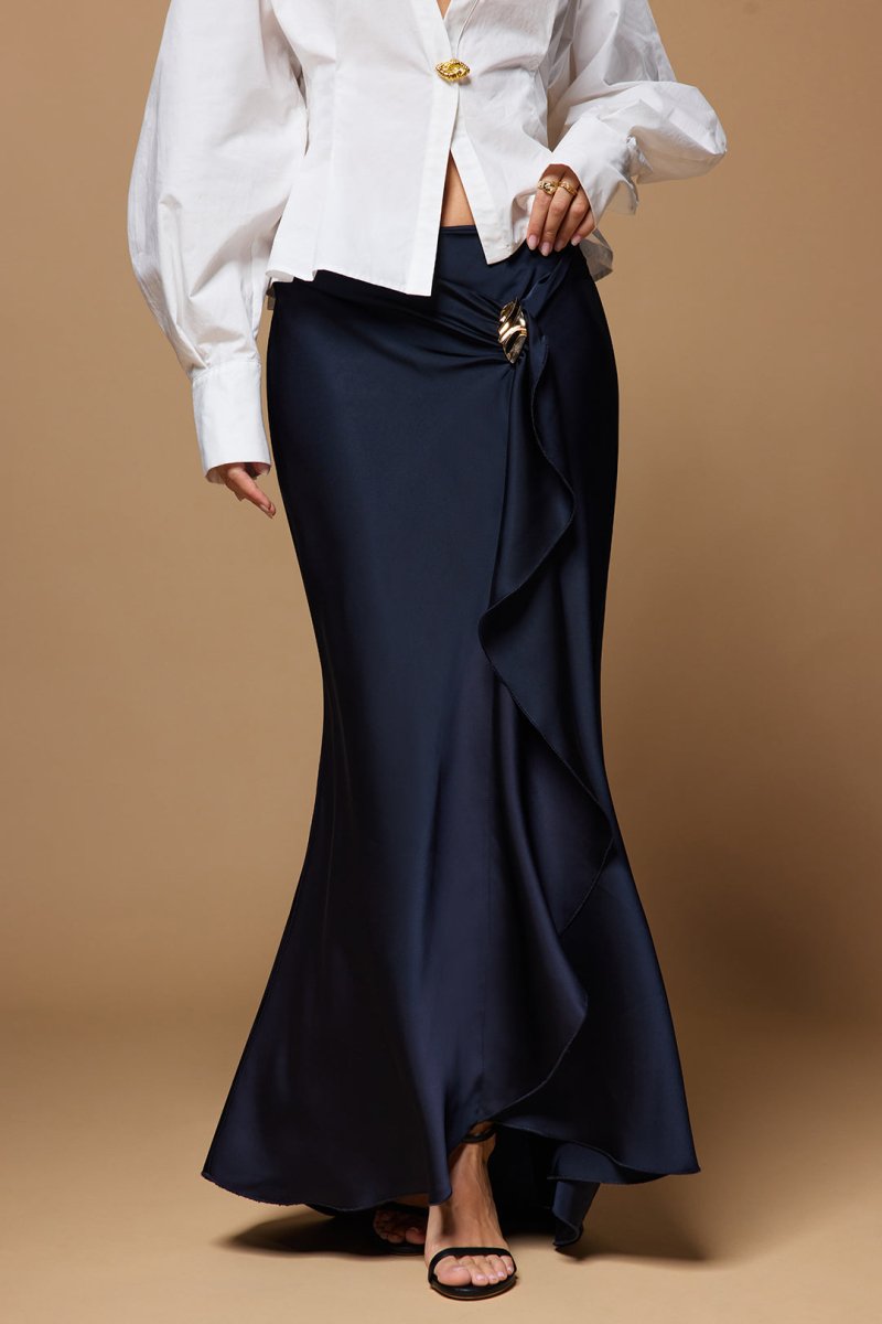 Satin Ruffle Ruched Asymmetrical Skirt - MISMIMCWBK2507220057-NAVY-XS