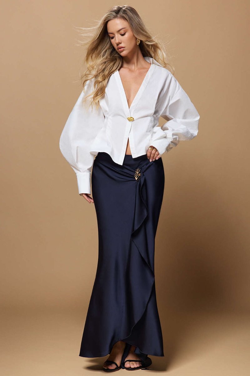 Satin Ruffle Ruched Asymmetrical Skirt - MISMIMCWBK2507220057-NAVY-XS