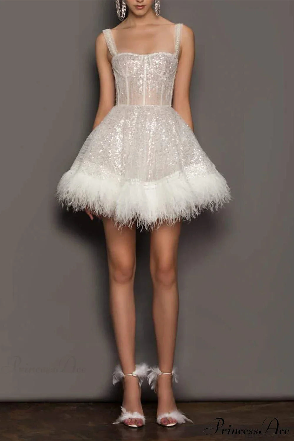 Sequin Feather Strapless Party Dress