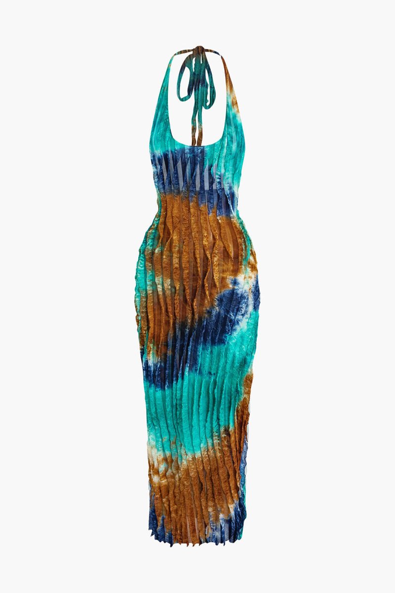 Sheer Ruffle Texture Halter Backless Maxi Dress - MISMIMCWDA2404200011-TURQUOISE-XS