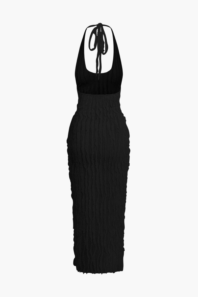 Sheer Ruffle Texture Halter Backless Maxi Dress - MISMIMCWDA2404200011-BLACK-XS