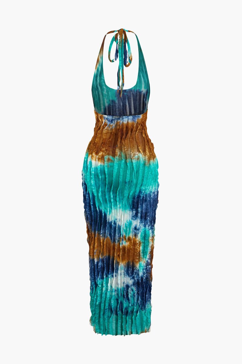 Sheer Ruffle Texture Halter Backless Maxi Dress - MISMIMCWDA2404200011-TURQUOISE-XS