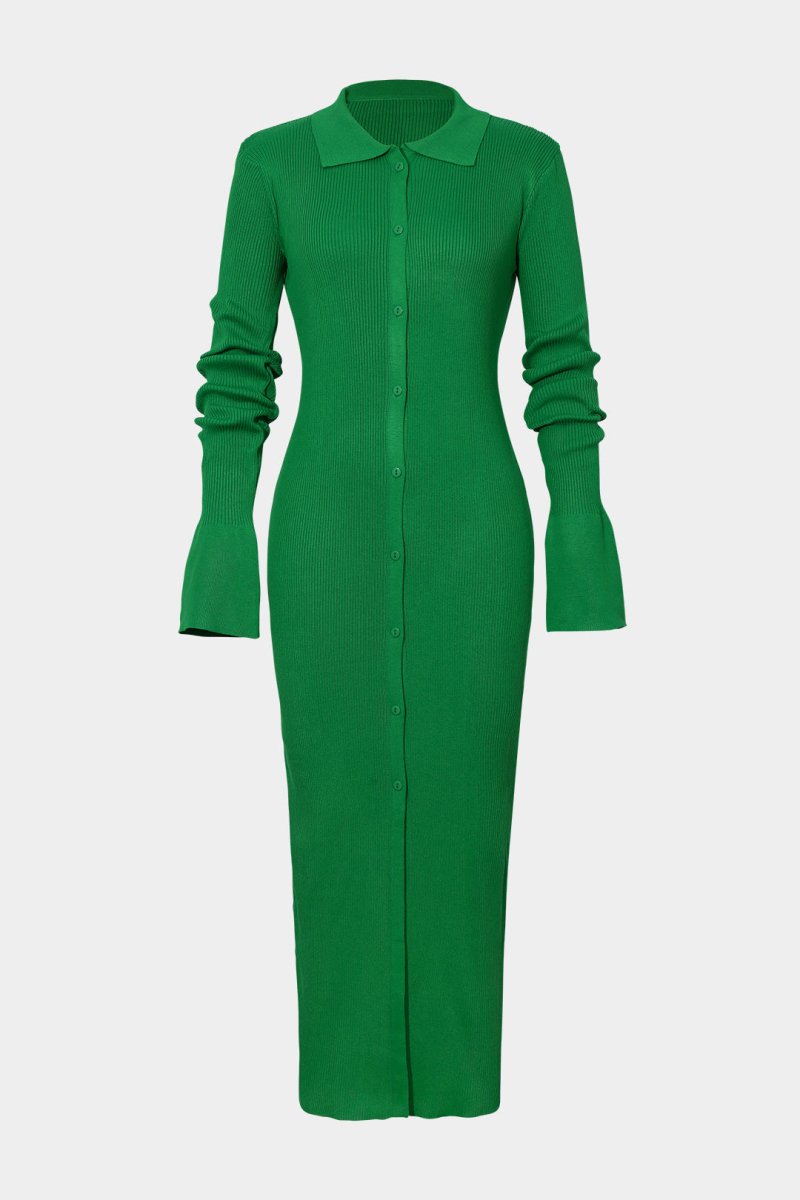 Shell Sleeve Ribbed Buttons Down Maxi Dress - MISMIMCAAAACDD002-EA-S