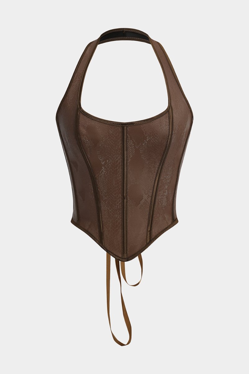 Snake Skin Faux Leather Tie - Up Corset Cami Top - MISMIMCWTT2411250080-BROWN-S
