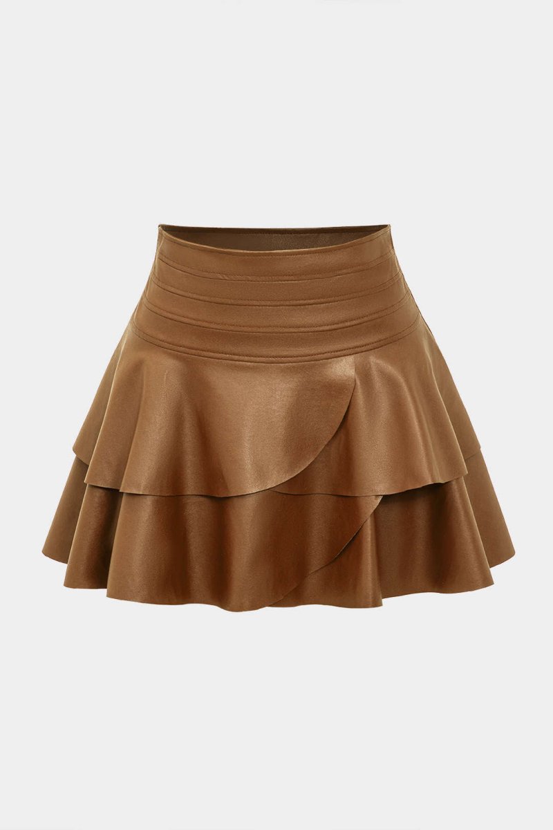 Solid Faux Leather Asymmetrical Layer Skirt - MISMIMCWBK2409200015-CHOCOLATE-S