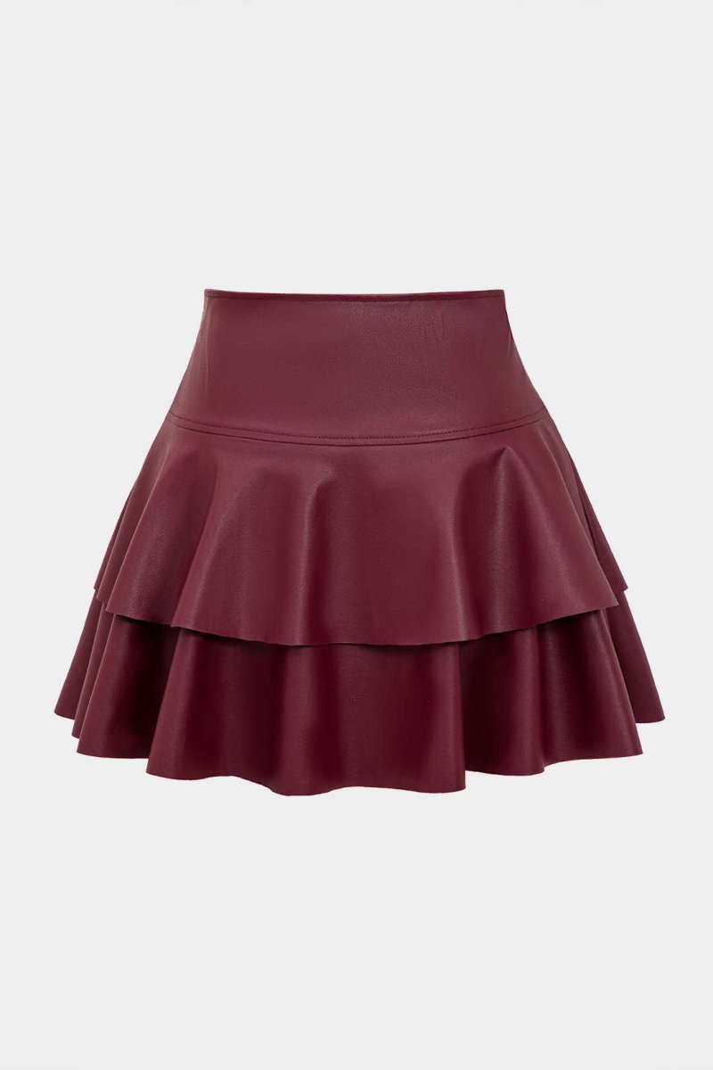 Solid Faux Leather Asymmetrical Layer Skirt - MISMIMCWBK2409200015-BURGUNDY-XS
