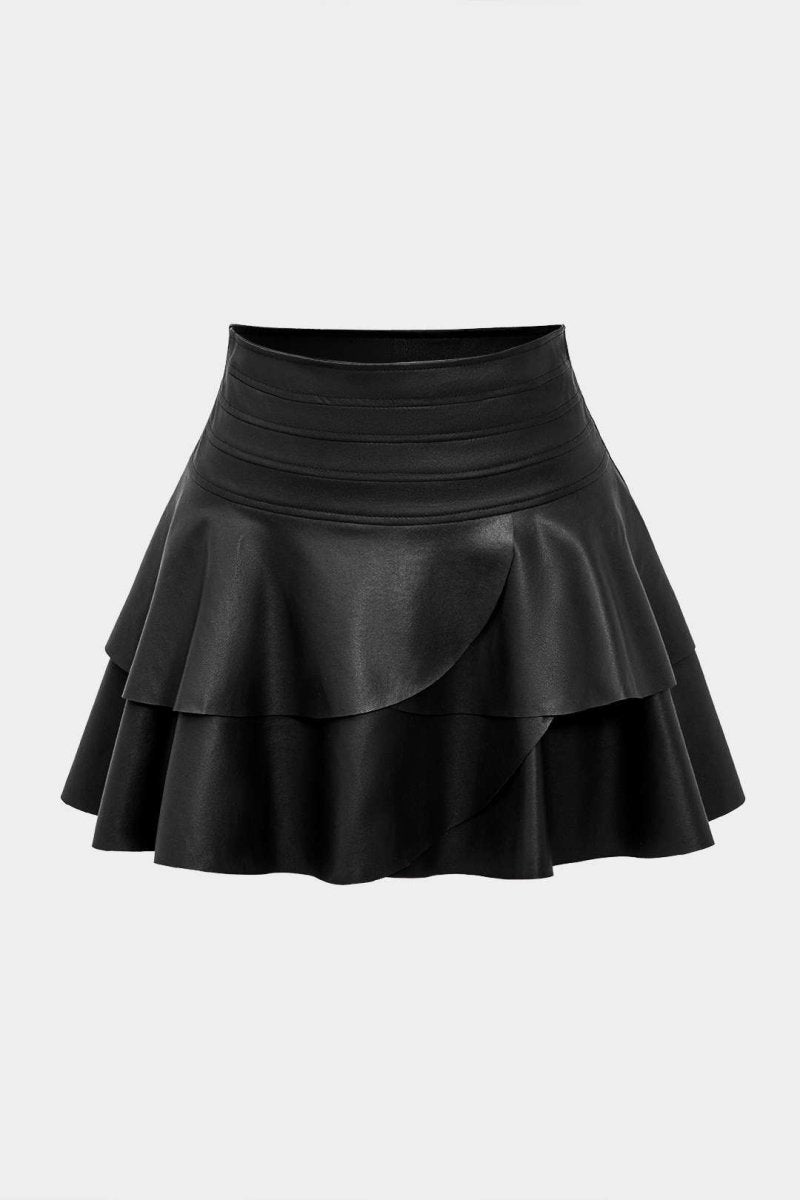 Solid Faux Leather Asymmetrical Layer Skirt - MISMIMCWBK2409200015-BLACK-XS