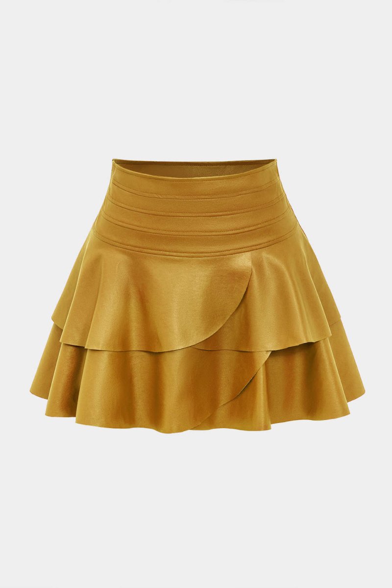 Solid Faux Leather Asymmetrical Layer Skirt - MISMIMCWBK2409200015-OCHRE-S