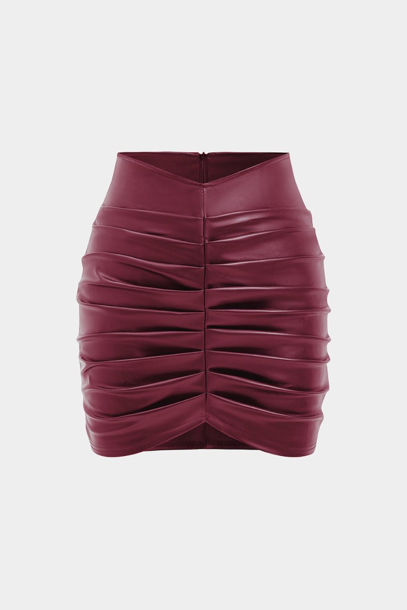 Solid Faux Leather Ruched Skirt - MISMIMCWBK2409090047-BURGUNDY-XXS