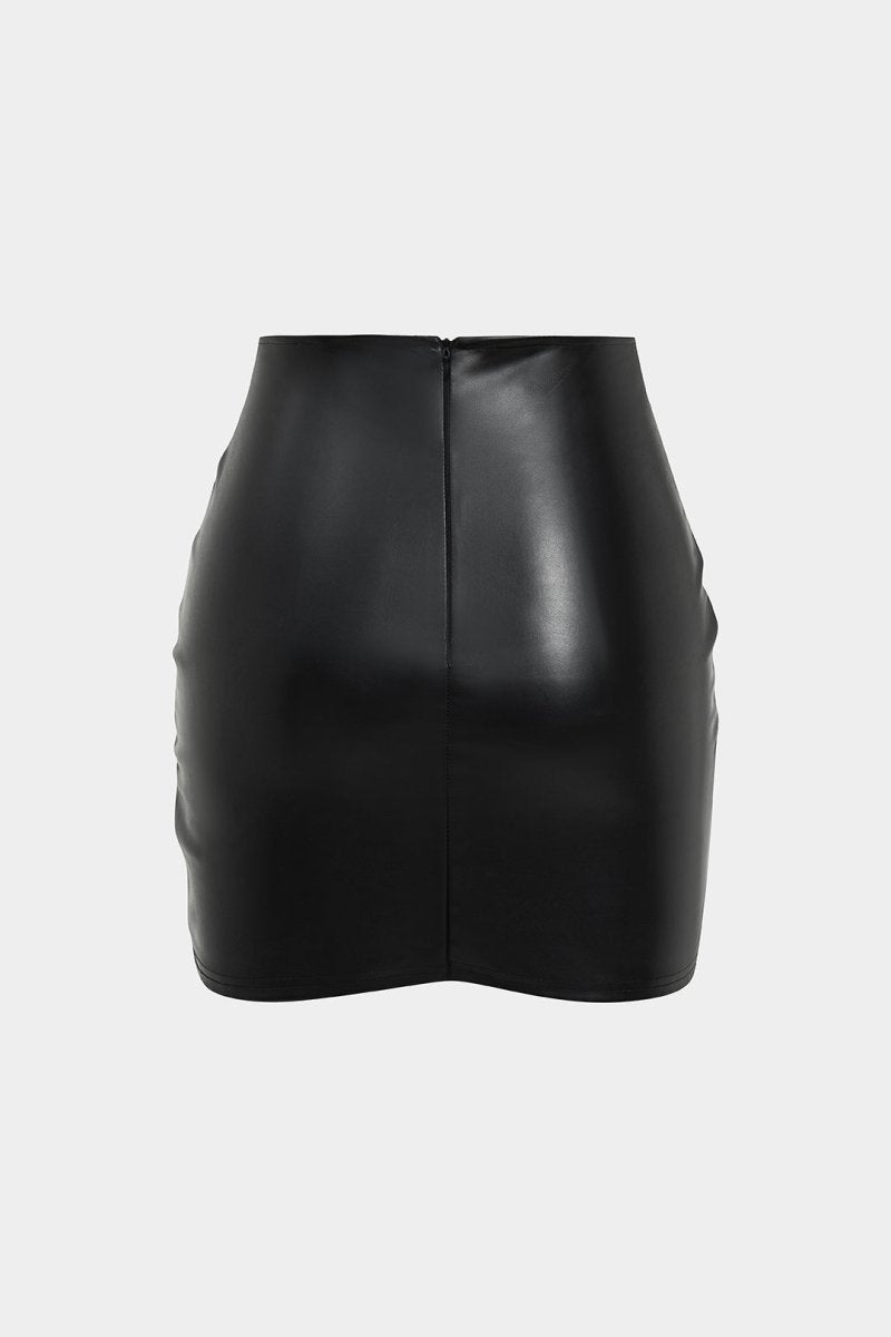 Solid Faux Leather Ruched Skirt - MISMIMCWBK2409090047-BLACK-XXS