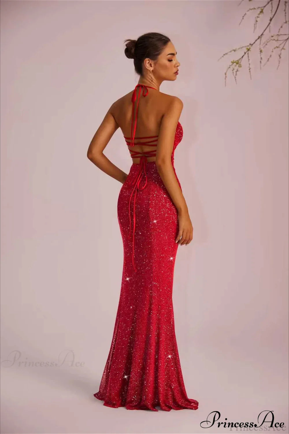 Solid Plunging Backless Slit Fitted Maxi Party Dress
