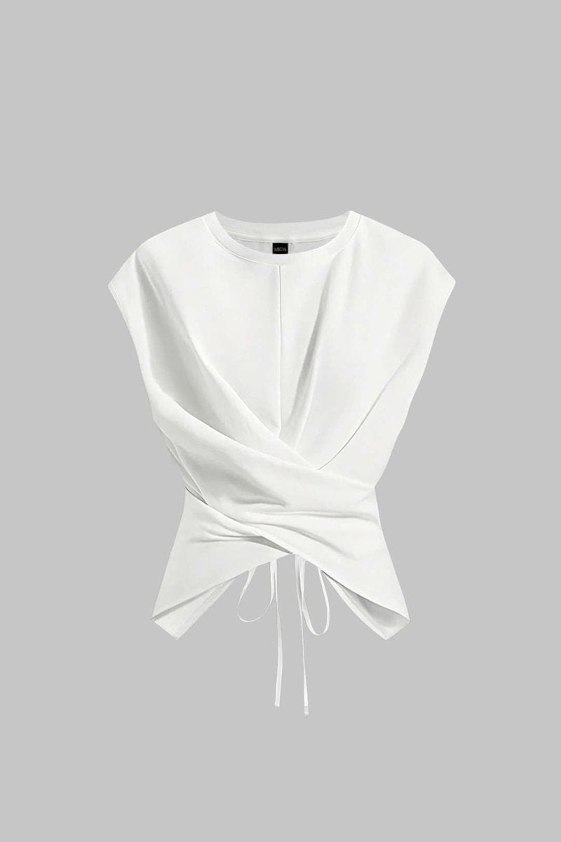 Solid Ruched Tie - Up Crossed T-Shirt - MISMIMCWTT2506170066-WHITE-XS
