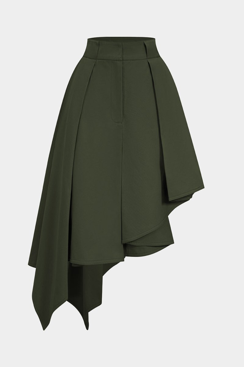 Solid Ruffle Hem Pleated Skirt - MISMIMCWBK2508010040-OLIVE-XS