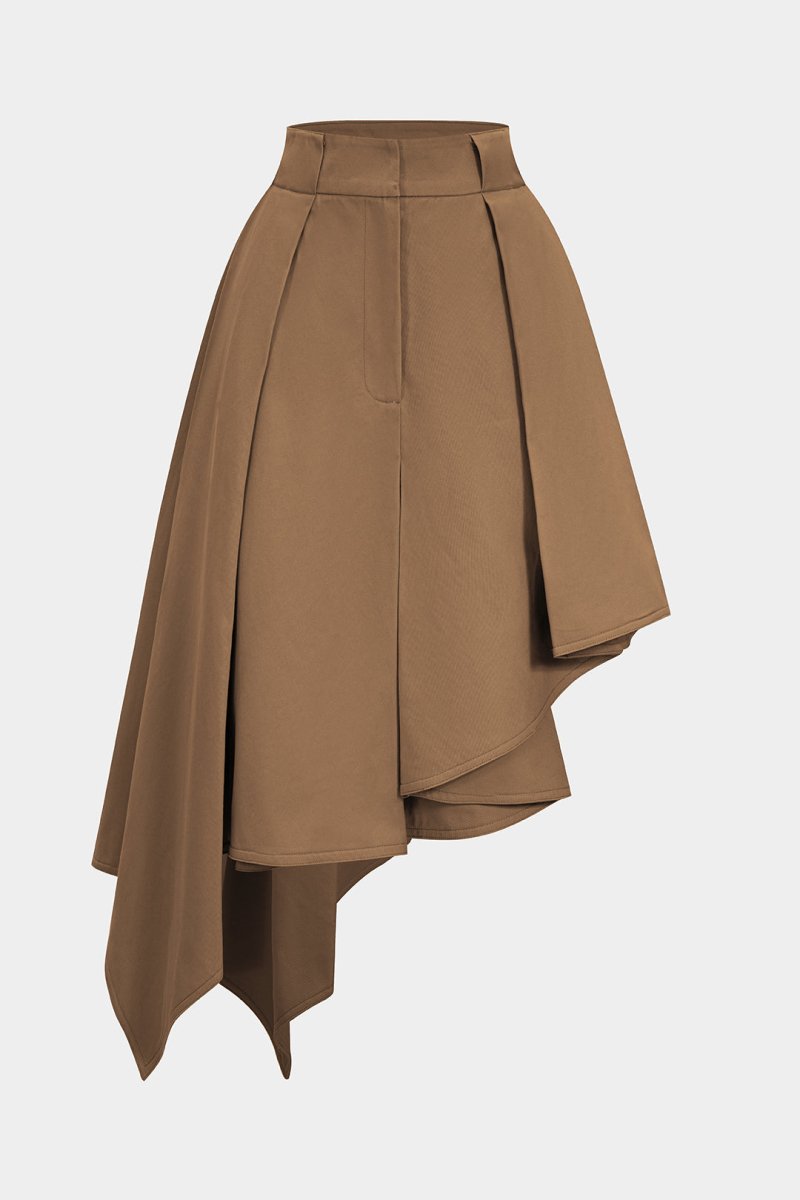 Solid Ruffle Hem Pleated Skirt - MISMIMCWBK2508010040-BROWN-XS