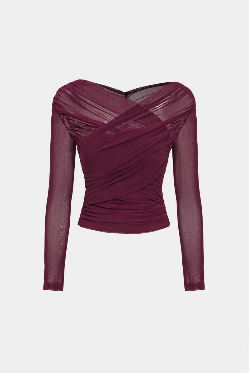 Solid Sheer Mesh Ruched Long - Sleeve Top - MISMIMCWTL2409230093-BURGUNDY-XS