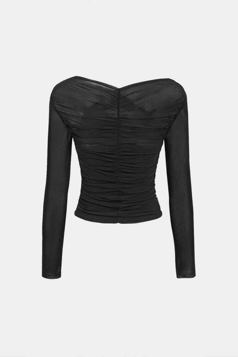 Solid Sheer Mesh Ruched Long - Sleeve Top - MISMIMCWTL2409230093-BLACK-XS