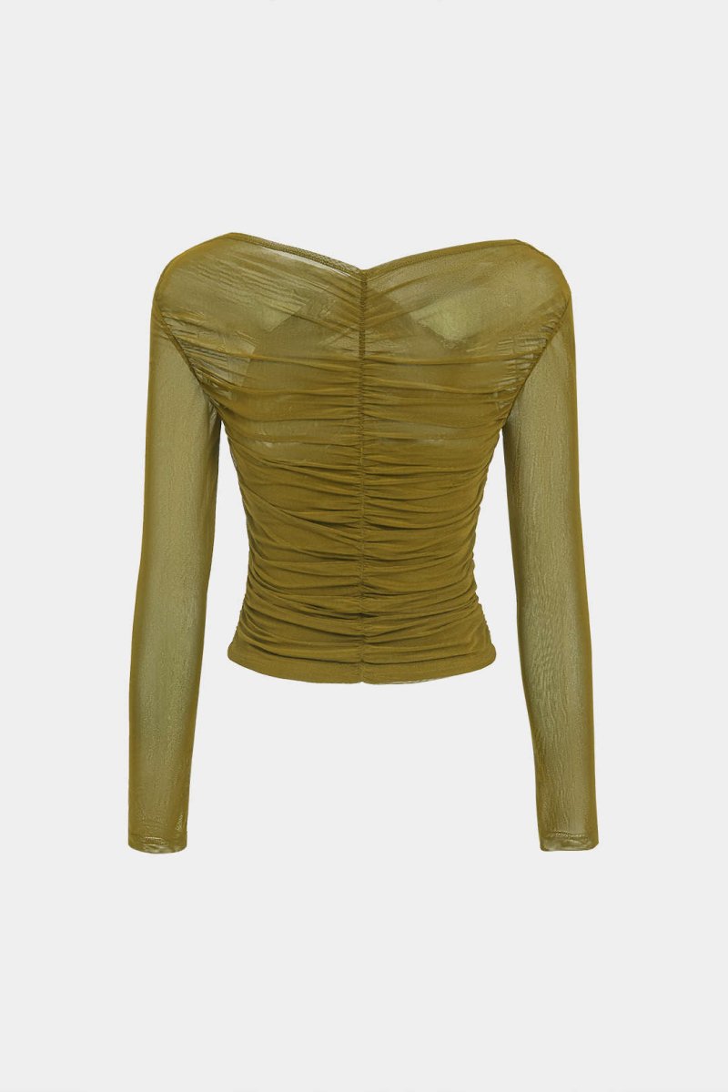 Solid Sheer Mesh Ruched Long - Sleeve Top - MISMIMCWTL2409230093-OLIVE-XS