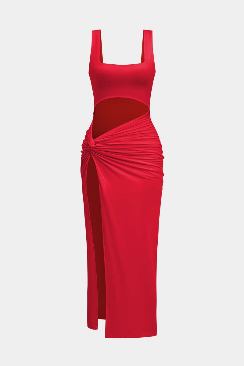 Solid Twist Front Cut Out Slit Midi Dress - MISMIMCWSB2407230104-RED-XS