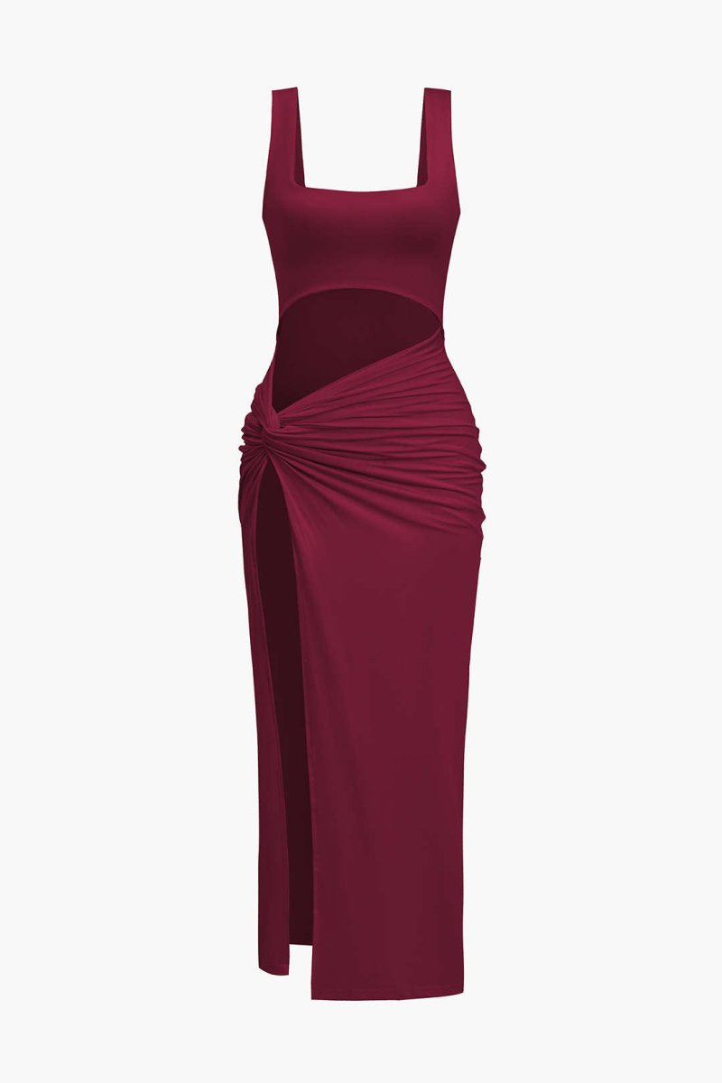 Solid Twist Front Cut Out Slit Midi Dress - MISMIMCWSB2407230104-BURGUNDY-XS